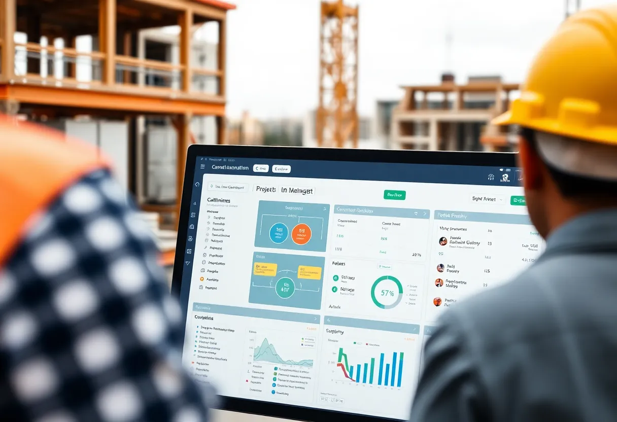 Construction site with project management software in use