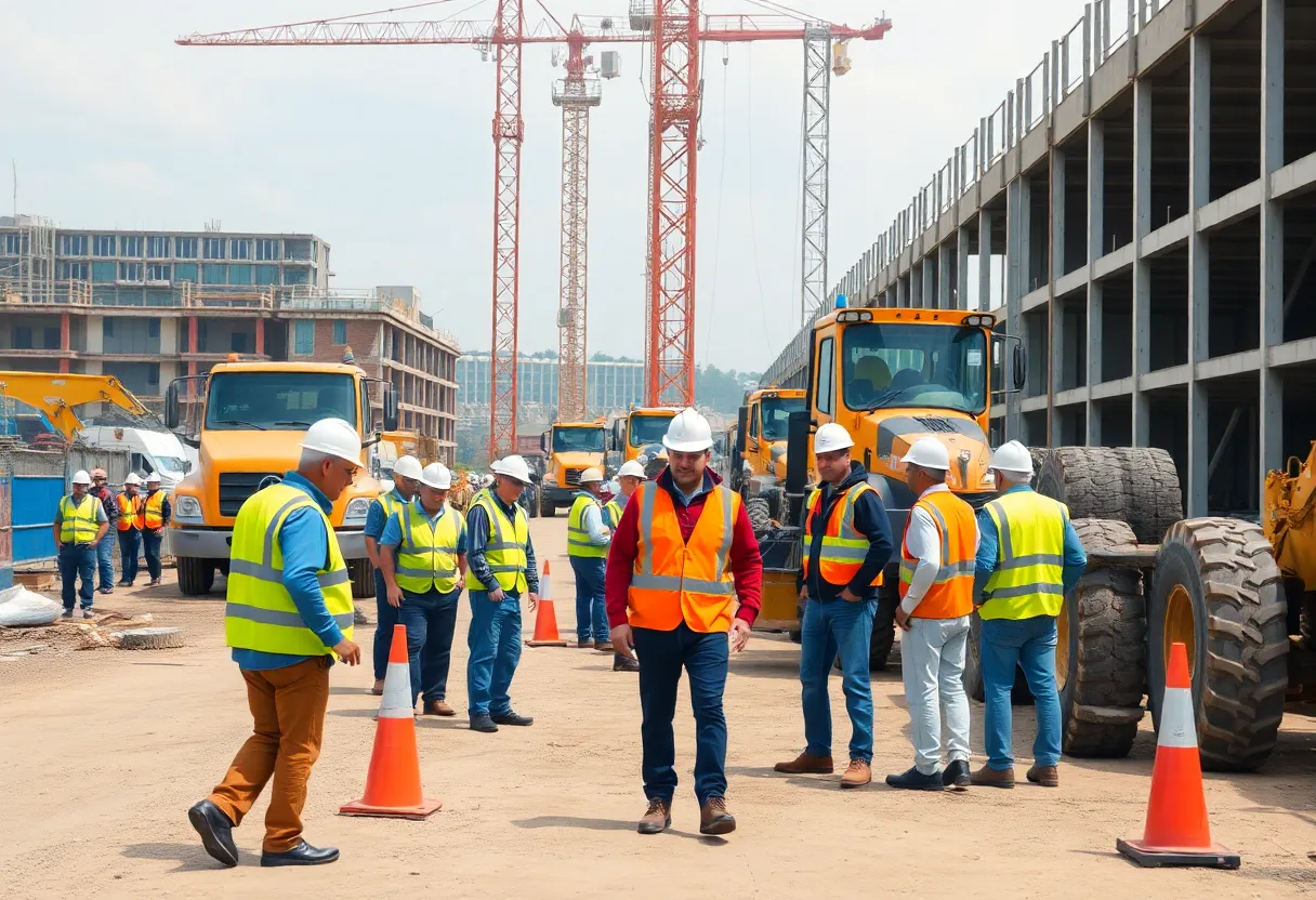 Construction workers on a job site emphasizing compliance with labor laws.