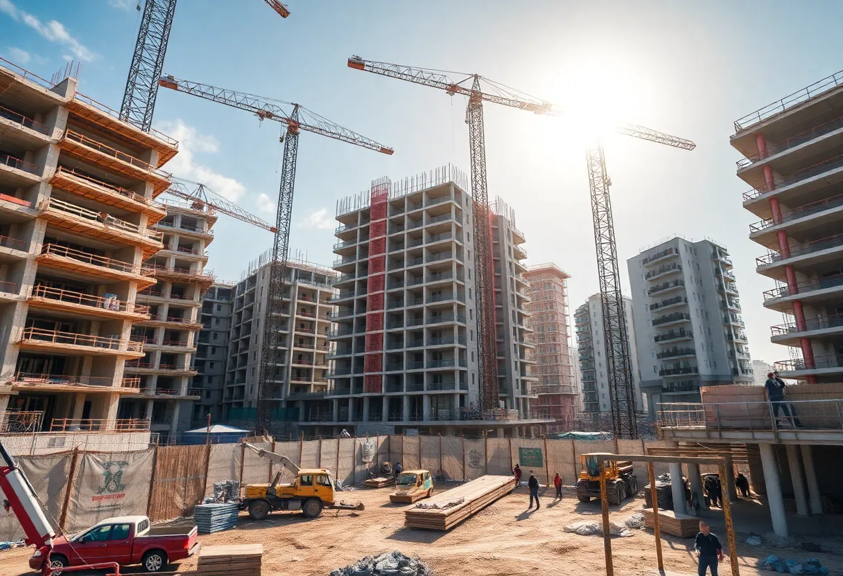 A busy construction site for hotels with workers and equipment