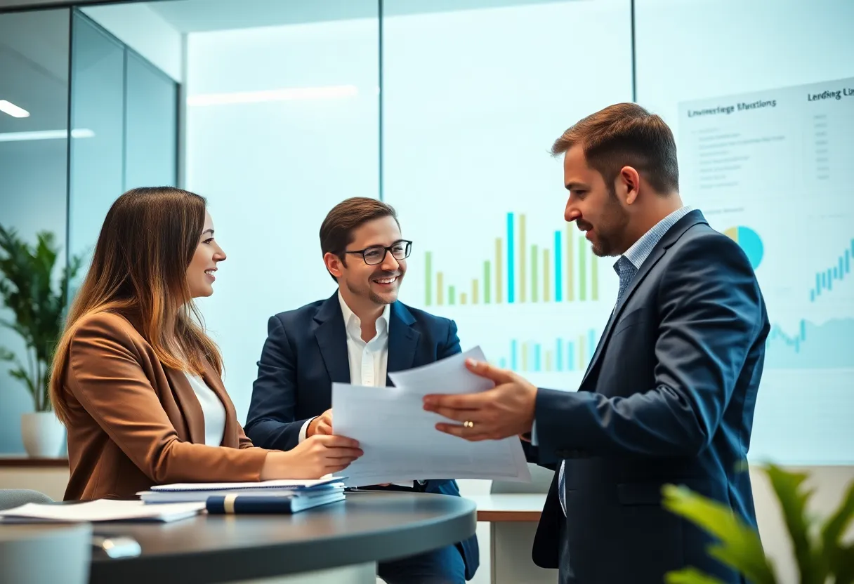 Professionals in a financial office discussing loan strategies