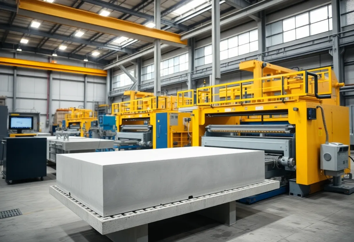 High-tech precast concrete production facility with machines in operation