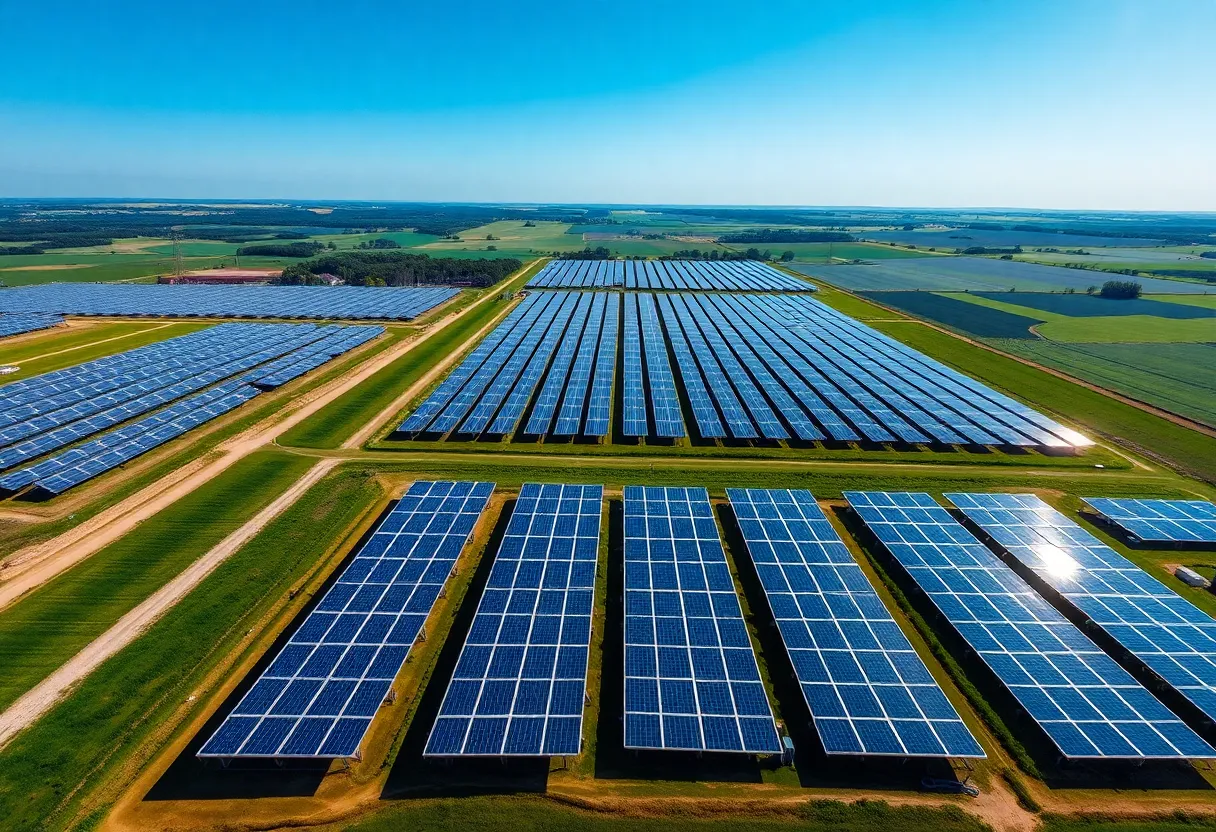 Aerial view of a solar farm with solar panels