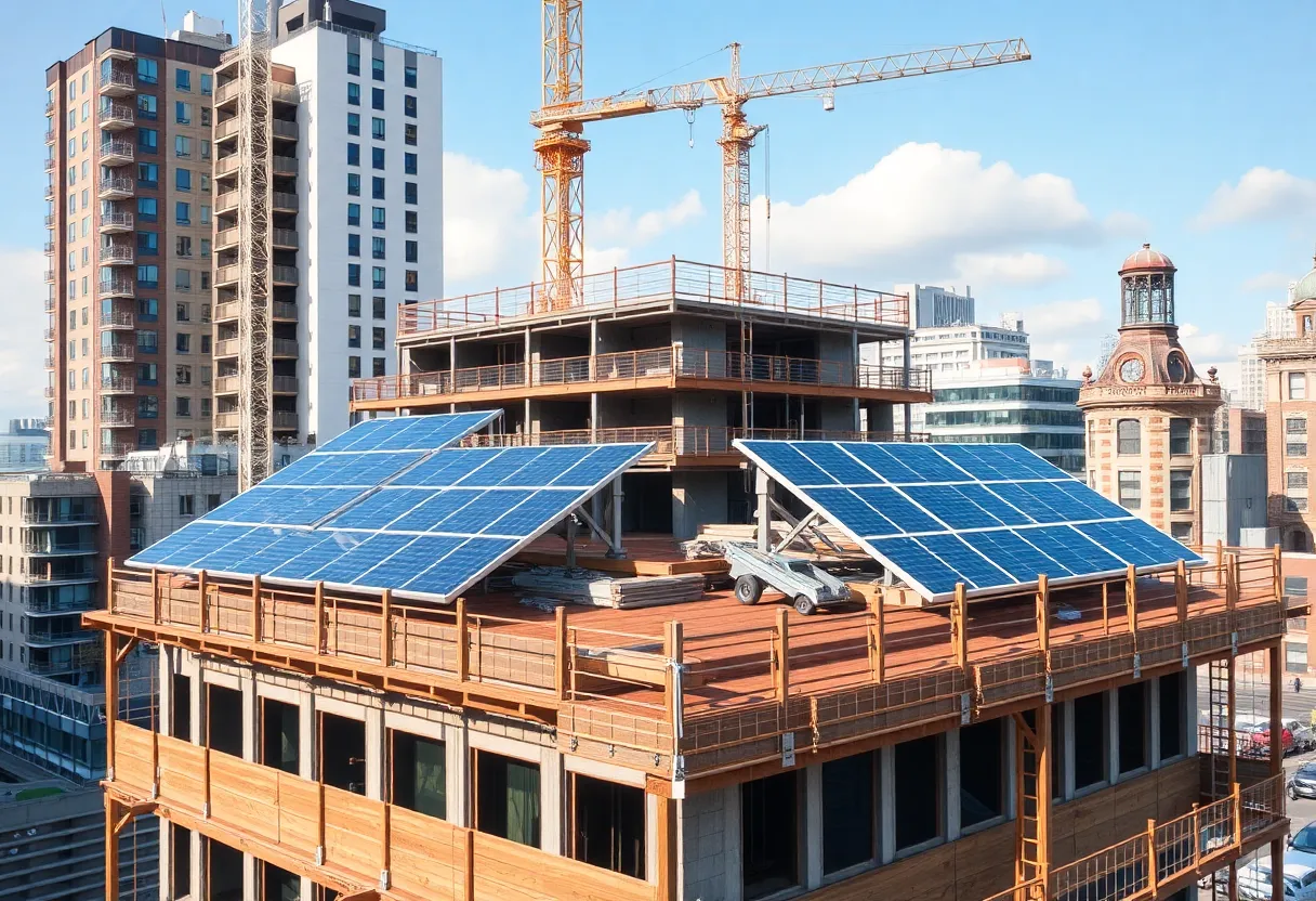 Solar panels on a modern building in New York City under construction.