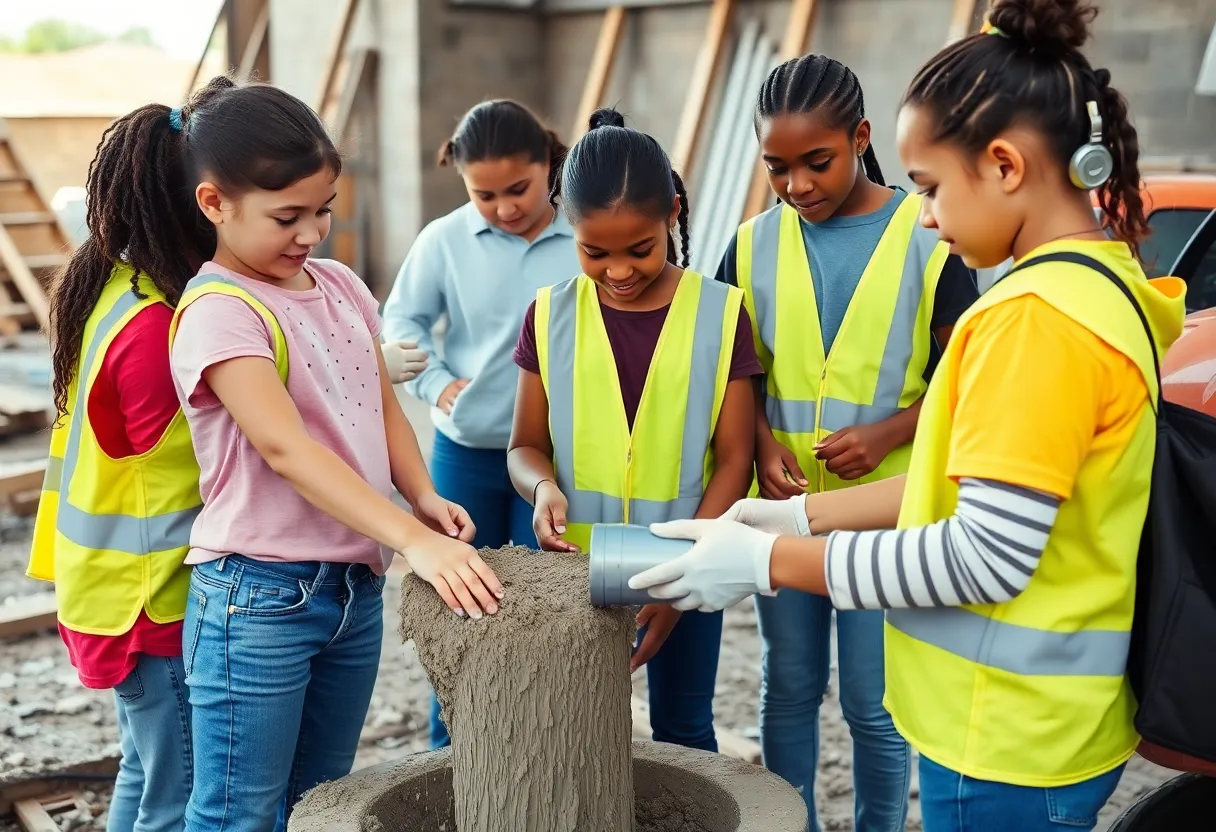 Young girls engaged in construction activities at the Build Like a Girl program.
