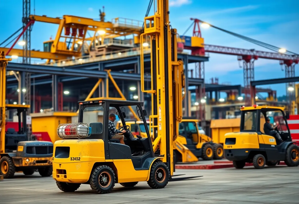 A variety of equipment used in manufacturing and construction, including forklifts and drilling machines.