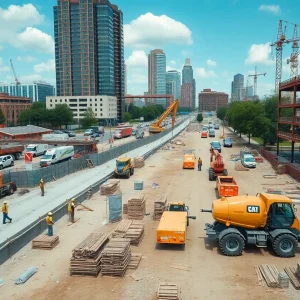 Construction workers and machinery at a construction site in Atlanta