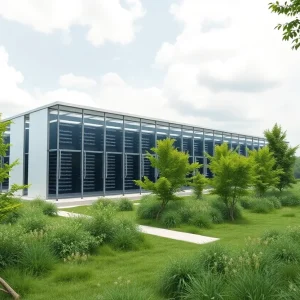 Illustration of a modern data center facility in an industrial area